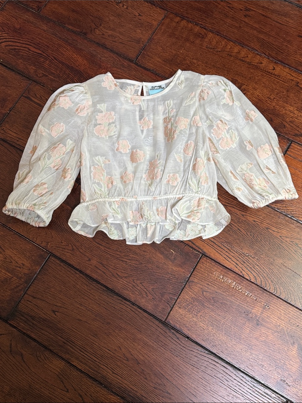 Future Collective Floral Ruffle Peplum Floral Sheer Top - Light Cream & Peach